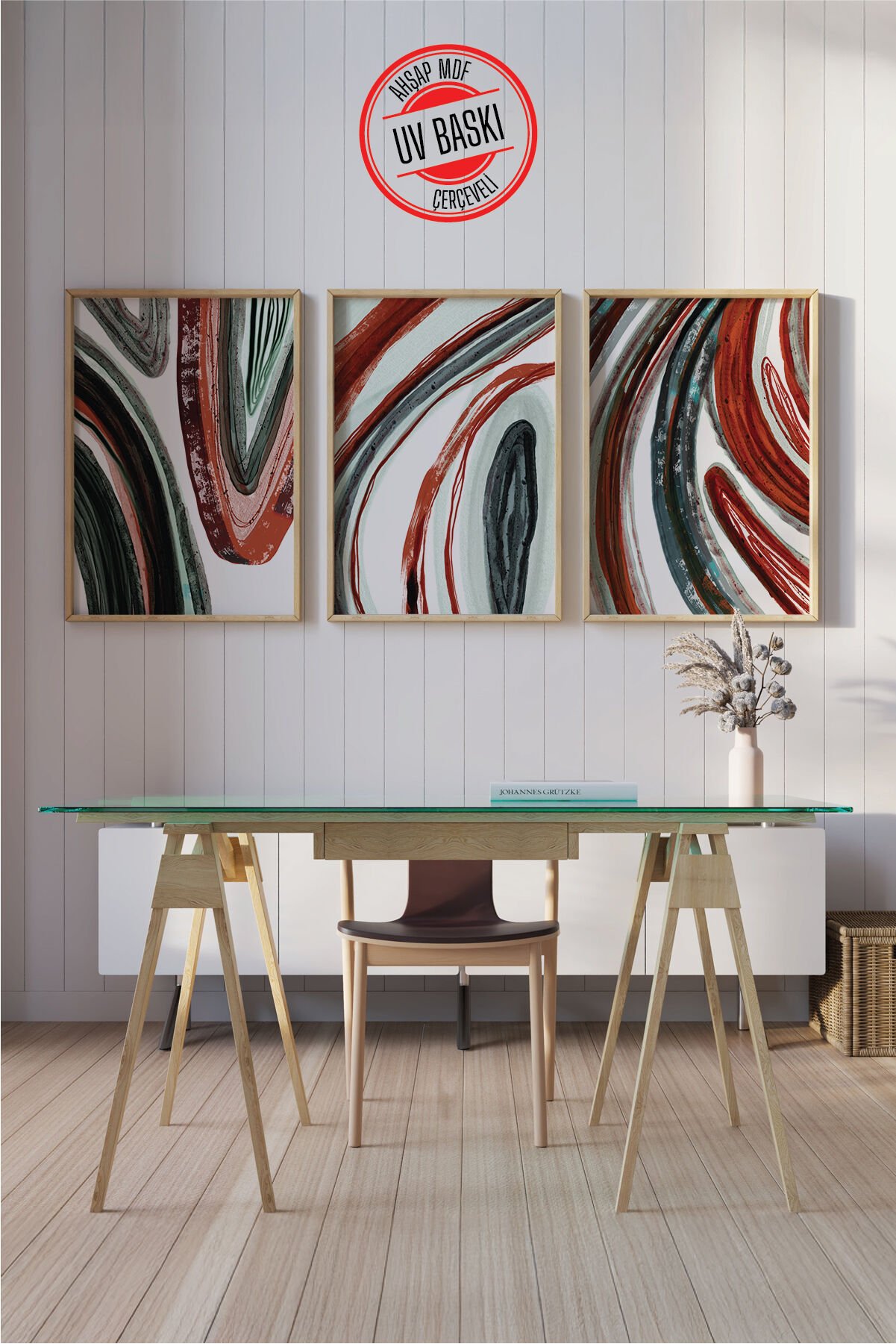 Dekoratif 3’lü Ahşap Tablo Seti | UV Baskı Çerçeveli Duvar Tablosu V33 35x50 cm - Ahşap