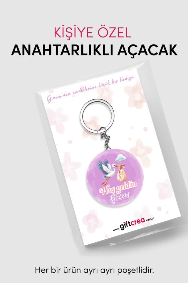 Yeni Doğan Kız Bebek İçin Hoş Geldin Anahtarlık Yuvarlak Açacaklı Tasarım (Model-4) 50 Adet