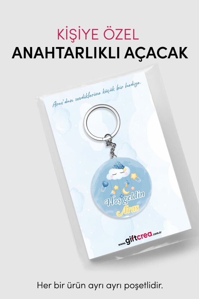 Yeni Doğan Erkek Bebek İçin Hoş Geldin Anahtarlık Yuvarlak Açacaklı Tasarım (Model-2) 50 Adet