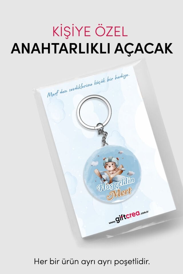 Yeni Doğan Erkek Bebek İçin Hoş Geldin Anahtarlık Yuvarlak Açacaklı Tasarım (Model-5) 40 Adet