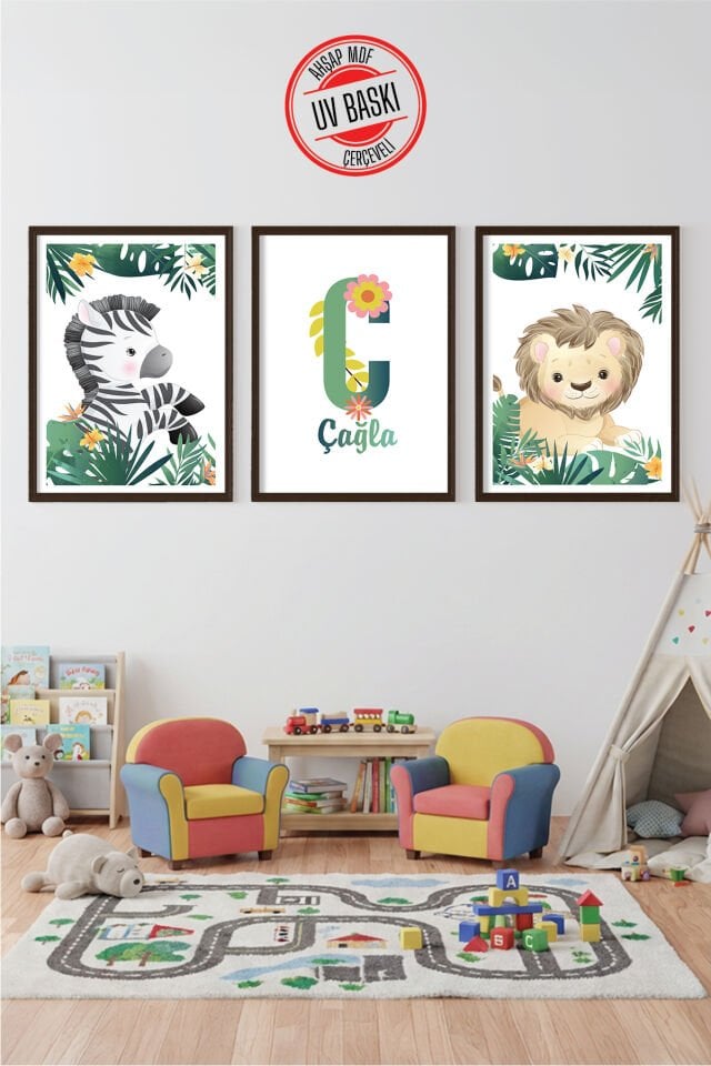 UV Baskılı Çocuk Odası 3'lü Ahşap MDF Tablo Seti - V1 50x70 cm - Siyah
