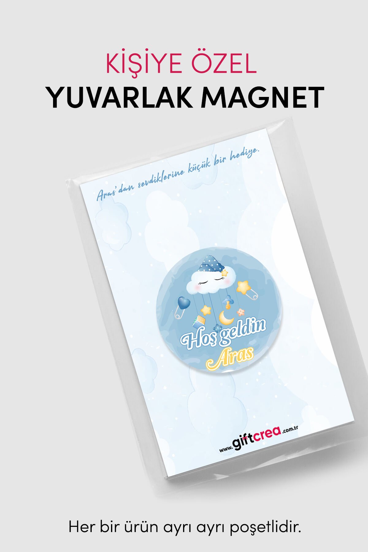 Yeni Doğan Erkek Bebek İçin Hoş Geldin Magnet Yuvarlak Açacaklı Tasarım (Model-4) 10 Adet