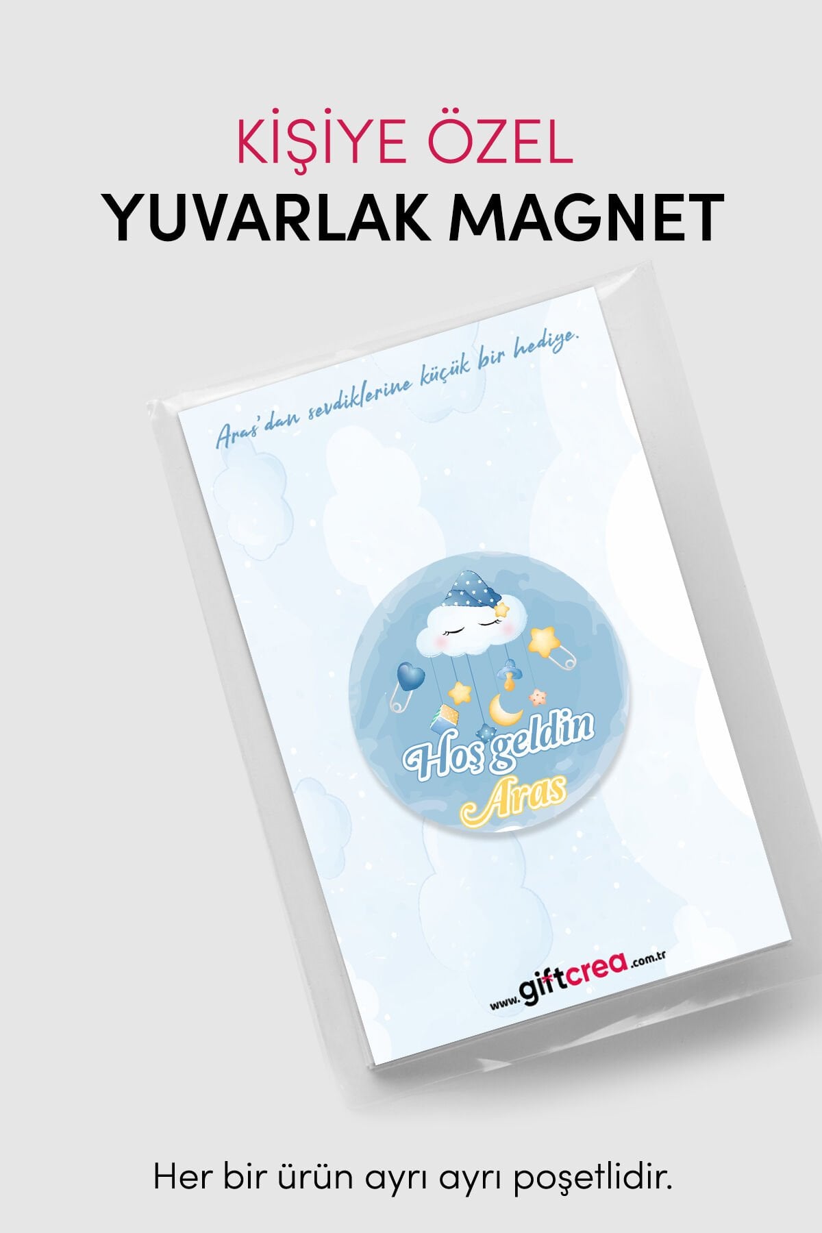 Yeni Doğan Erkek Bebek İçin Hoş Geldin Magnet Yuvarlak Açacaklı Tasarım (Model-4) 10 Adet