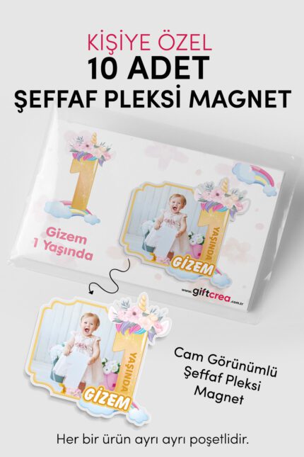 Kişiye Özel Şeffaf Pleksi Magnet – Unicorn Temalı Doğum Günü Hatırası Magnet (Her Yaşa Özel)